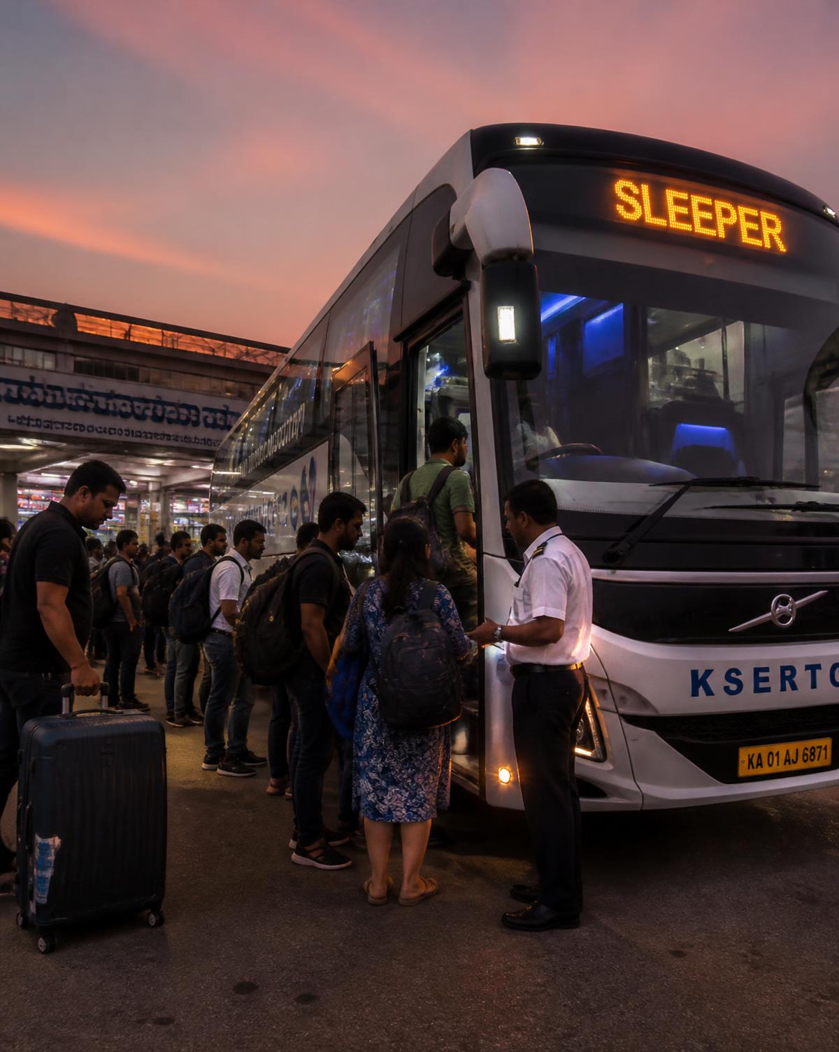 Passengers boarding a sleeper bus in the evening