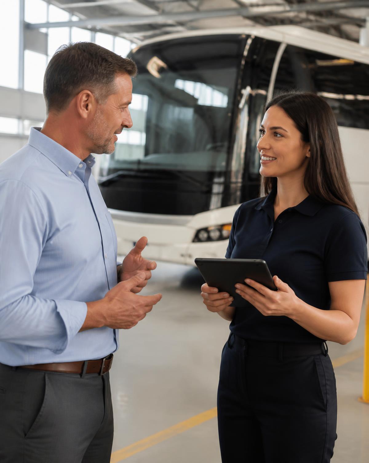 A bus operator discussing passenger support with an MSNexus customer support executive at a depot