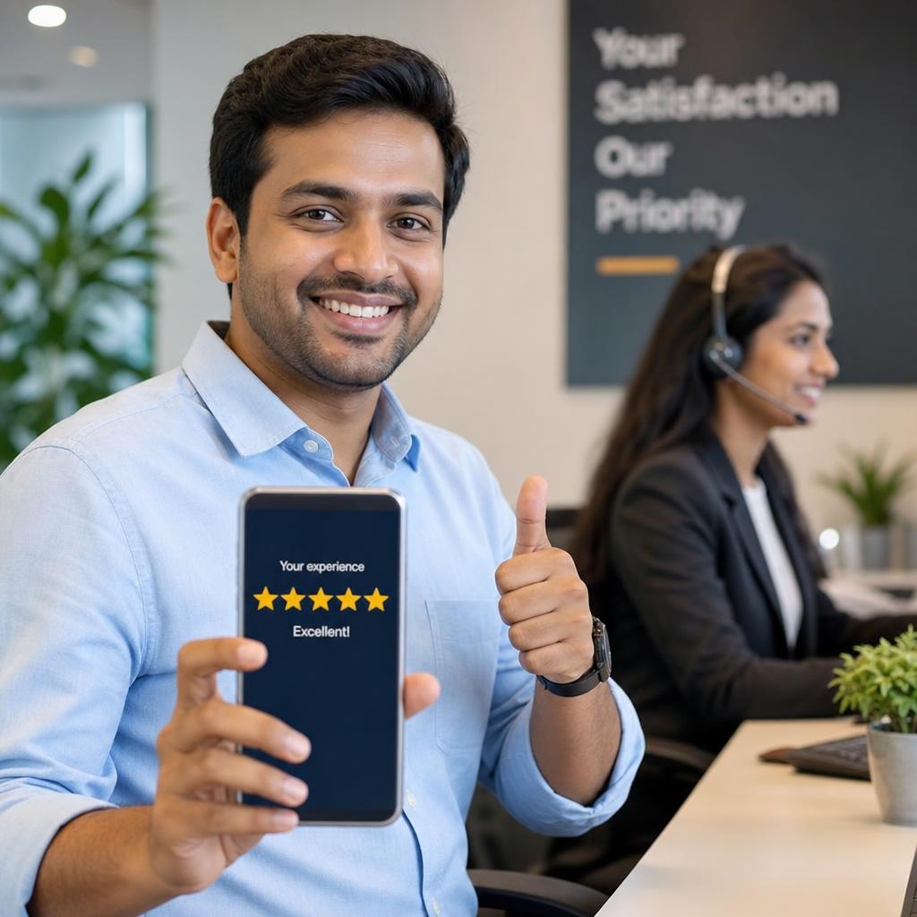 Satisfied passenger showing a five-star rating on a smartphone