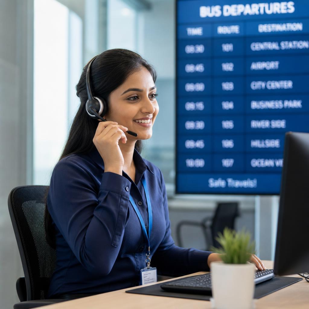Support executive confirming bus departure details with a passenger over the phone